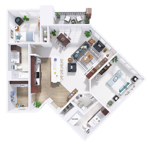 3d floor plan of a home with a bedroom and a living room